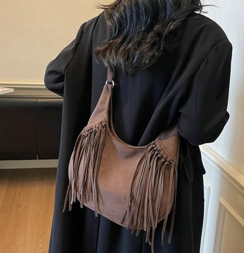 Crescent Shoulder Bag for Women Brown Suede Bags Slouchy Crossbody Purse with Tassel Travel Work Satchel 2025 Fall Winter2