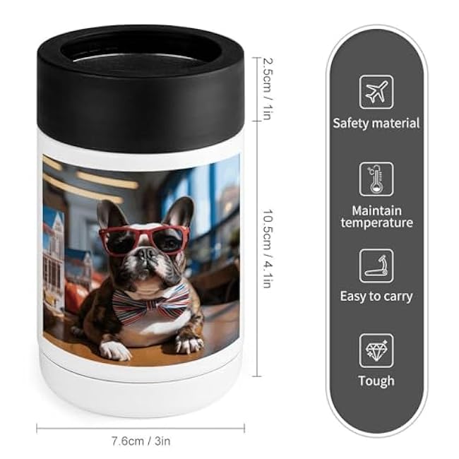 Standard Can Cooler, 12oz Stainless Steel Beer Can Cooler,French Bulldog Wearing Sunglasses Printed