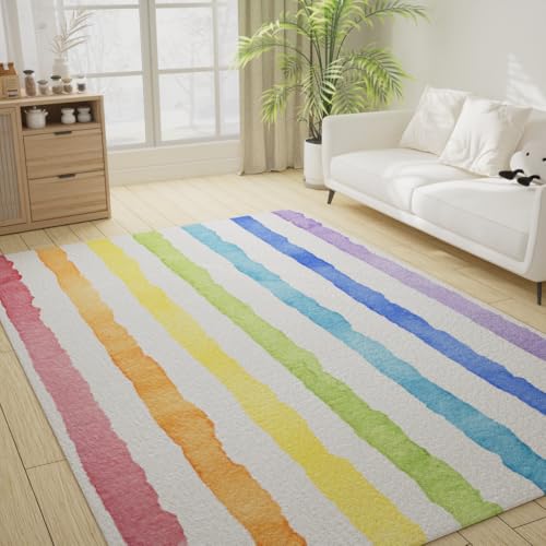 5x7 Rainbow Rug for Girls Bedroom,Washable Colorful Area Rug for Nursery Non Slip, Soft Low-Pile Ultra Thin Large Carpets for Kids Baby Indoor Dining Under Table Home Decor