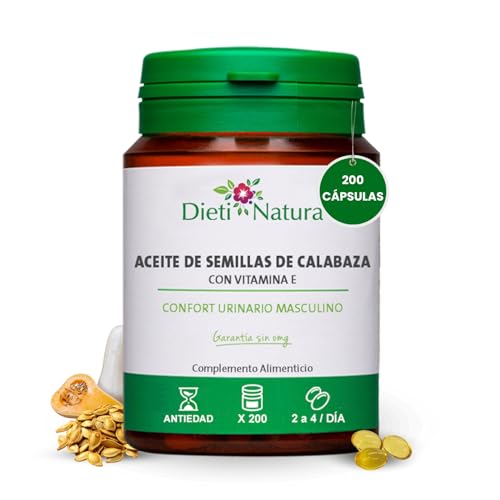 Dieti Natura Aceite de Semillas de Calabaza 200 Cápsulas - Aceite de Semilla de Calabaza para el Confort Urinario - Mejora el Funcionamiento de la Próstata y la Vejiga - Garantía sin OGM