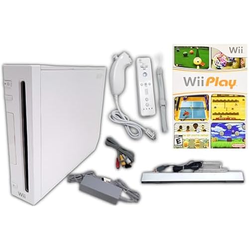 Wii Nintendo Console Bundle + Wii Play Multi-Game Disc | White RVL-001 System Also Compatible w/Gamecube Games | 1x Remote Controller, Nunchuck, Sensor Bar, Cables & AC Adapter (Renewed)