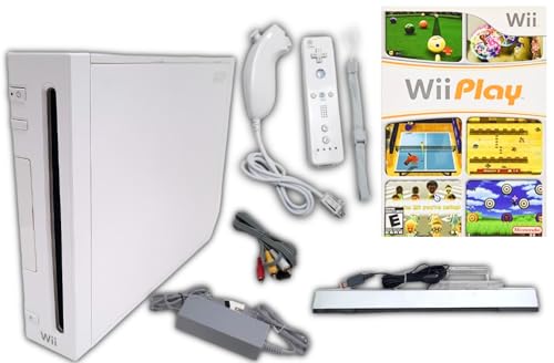Wii Nintendo Console Bundle + Wii Play Multi-Game Disc - White RVL-001 System Also Compatible w-Gamecube Games - 1x Remote Controller, Nunchuck, Sensor Bar, Cables & AC Adapter (Renewed)