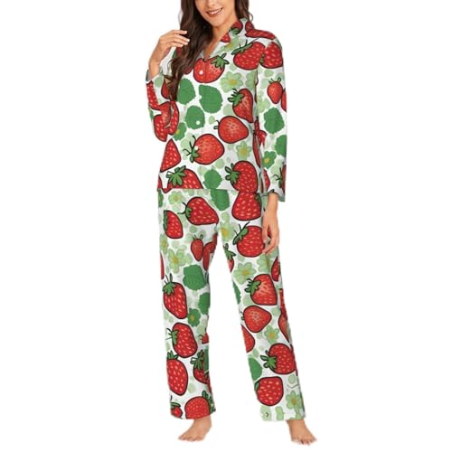 Pyjama long à boutons pour femme noir à motif fraise taille S