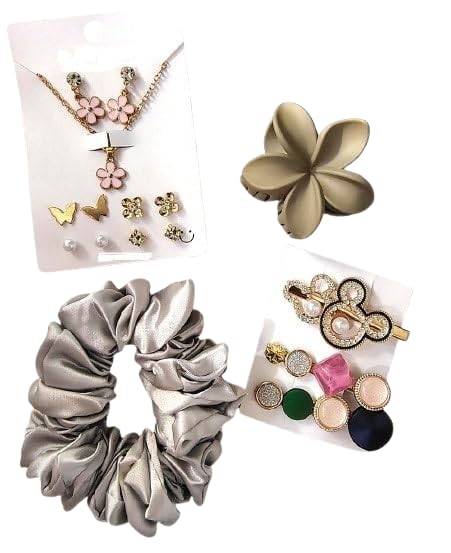 Image of Styling Fashion Accessories Gift Hamper Trendy flower Clutcher, flower Nacklace Chain with earring, Srunchies, 4 Tops earrings set and 3 Pins Clip with Box (Pack of 11)