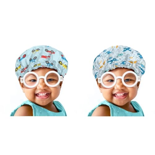Babrukda 2Pcs Kids Satin Sleeping Cap for Curly Natural Hair Children Bonnet Night Hat with Elastic Band Beanie Photo Props Decoration for Girls Boys, Cars and Airplane Print2