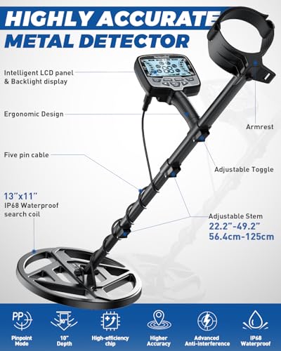 Image of 13 inch Metal Detector for Adults Professional, Larger & Waterproof Search Coil Improve Detect Efficiency, 5 Modes & Pinpoint, High Accuracy & Strong Anti-Interference, Adjustable Sensitivity