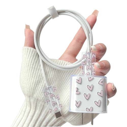 Protector de cable iPhone 20W transparente con corazones morados