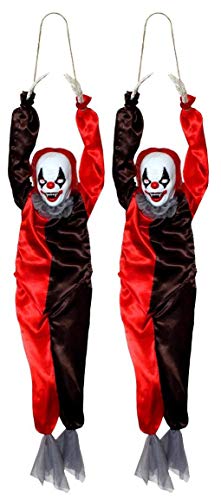 ILOVEFANCYDRESS CREEPY HALLOWEEN ANIMATRONIC KILLER CLOWN DECORATION. NOISE ACTIVATED SCARY HANGING CLOWN PROP WITH RED LIGHT UP EYES, GHOULISH SOUNDS & MOTORISED LEG MOVEMENT. PACK OF 2