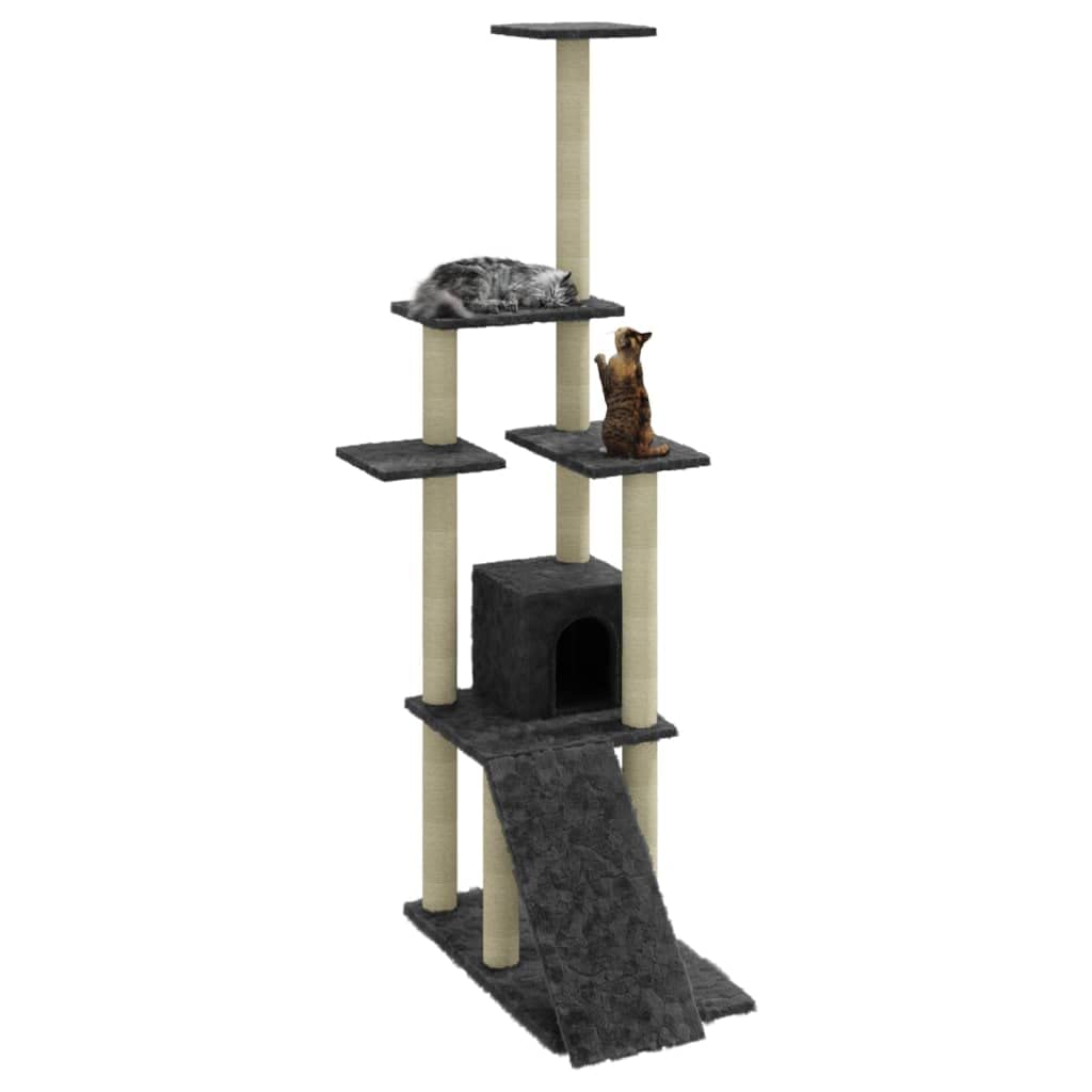 Teenpull Kratzbaum Katzenbaum mit Sisal-Kratzsäulen und Plüsch Dunkelgrau 155 cm stabil kompakt modern mit Kletterbaum, Kratzmöbel, Höhle, Hängematte für Katzenzubehör in Wohnung Wohnzimmer