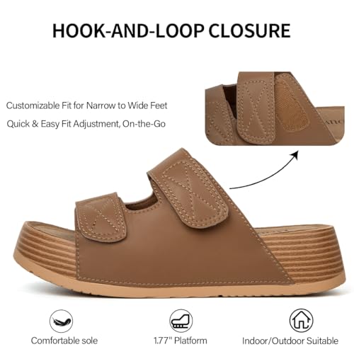 Image of Platform Sandals Women Genuine Leather Slip-on Beach Slide Buckle Comfortable Sandals with Memory Foam Soft Lining and Open Toe Low Wedges