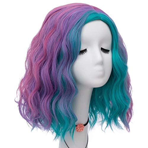 NiceLisa Women 16 Inches Blue Purple Rainbow Colorful Curly Wave Fashion Party Cosplay Wig