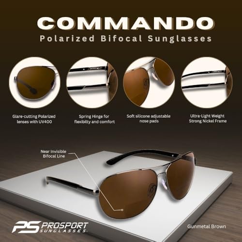 Image of proSPORT Polarized Bifocal Aviator Reading Sunglasses Men, Fishing Sunglass Readers, UV400 Polarized Lens, Driving Golf Beach