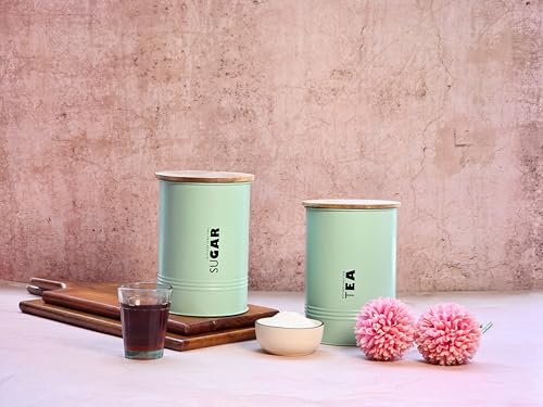 Image of JISCOVERY Airtight Tea & Sugar Container Set of 2| Metal Storage Canister with Wooden Lid for Kitchen| Storage Box for Kitchen Counter Top| 1300 ML| Light Green