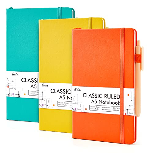 feela A5 Notebooks Multipack, 3 Pack Ruled Lined Notepads A5 (120 GSM), Hardback Journal Notebook with 3 Black Gel Pens, 128 Pages/Pack, 21 x 13cm, Solid Colors, Yellow, Orange, Emerald