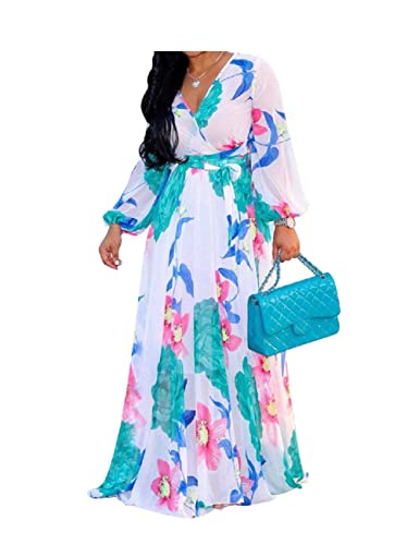 Image of lvenzse Womens Maxi Dress Boho Chiffon Floral Printed Long Party Dresses Plus Size with Belt (FBA)