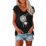 OutTop Women's Cap Sleeve Tank Tops U Neck Dandelion Printed Summer Casual Shirts Loose Fit Basic Blouse Tunic Tops (XXL, Black)