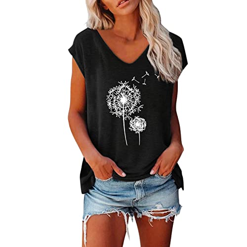 Outtop Women's Cap Sleeve Tank Tops U Neck Dandelion Printed Summer Casual Shirts Loose Fit Basic Blouse Tunic Tops (Xxl, Black) #TOP21