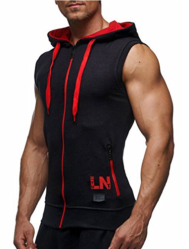 Lemongirl Men's Bodybuilding Sleeveless Hoodie Gym Tank Top Blackred #TOP1