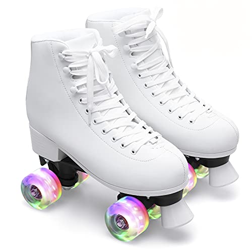 Roller Skates Light Up Wheels, Artificial Leather Adjustable Double Row 4 Wheels Roller Skates Shiny Skates for Teens Size 9 White