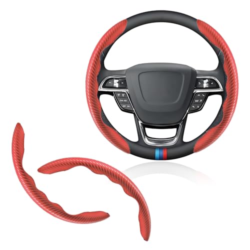 ABOTHGD Universal Fit Carbon Fiber Steering Wheel Cover, Segmented Steering Wheel Protector, Carbon Fiber Anti-Skid Steering Wheel Cover Car Interior Accessories (2 Pcs Red)