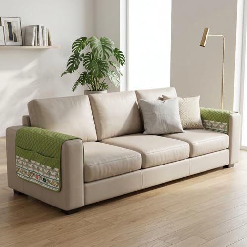 Image of KINGLY Armrest Cover with Pocket | Anti-Slip Sofa Arm Protector | Washable Arm Cover | Olive Green