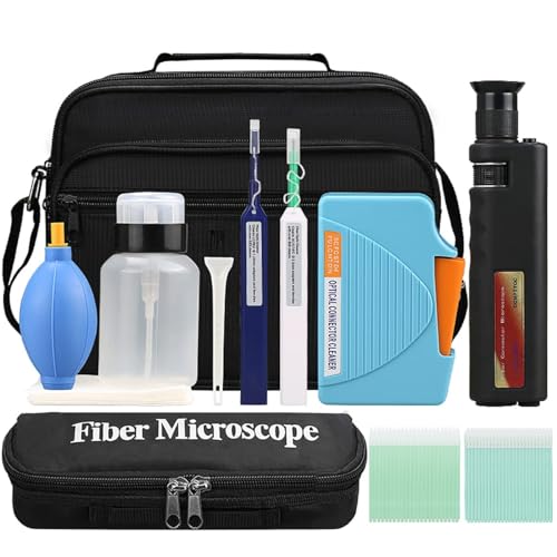 POWHA Ferramentas de limpeza de fibra ótica, kit de limpeza FTTH com microscópio de fibra ótica, caixa de limpeza, ferramenta de teste de rede com escova de limpeza de fibra, para conectores