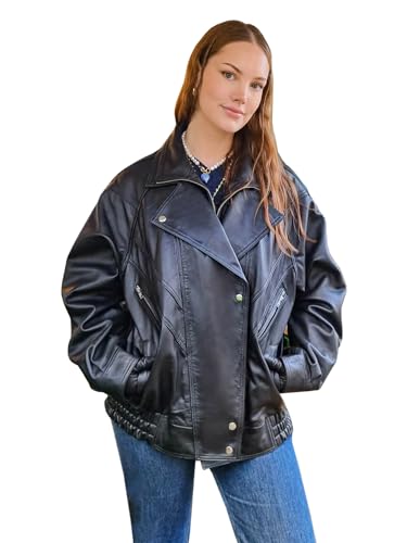Veste en cuir de motard à col avec étiquette et coupe oversize style décontracté