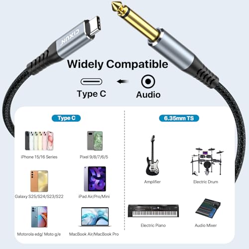 Image of USB Guitar Cable 9FT, Guitar 1 /4 Inch TS to Computer USB C Interface Cable Adapter for Instruments Recording Singing, 32Bit /384Khz Mono Braided Shielding Cable Compatible with USBC Ports | Gold-Plated, Nylon Braided, 32bit /384kHz DAC chip, Hi-Fi for Bass /Electric Piano /Mic to Phone /Laptop /Mixer,Plug Play,Shielded