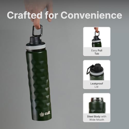 Image of CULT Stainless Steel Water Bottle 1 Litre with Diamond Sports Cap - Durable, Leakproof, Rust-Resistant, Easy to Clean, Lightweight & Portable - Stylish Sage Green Design