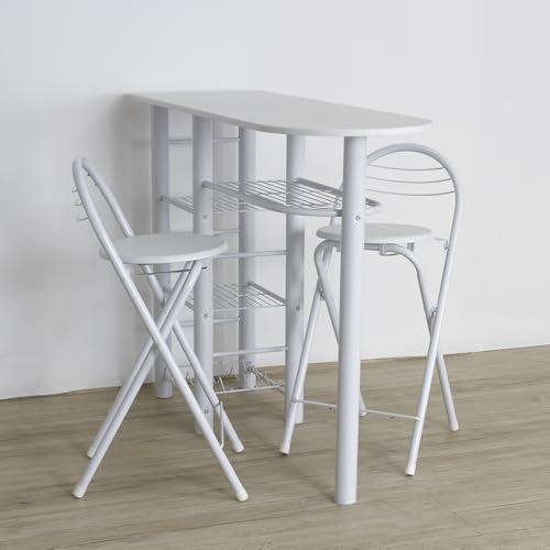 DUPI Conjunto Mesa de Cocina Bar con Estructura metálica y Tabla de Madera con 4 estantes + 2 Taburetes Plegables con Patas...