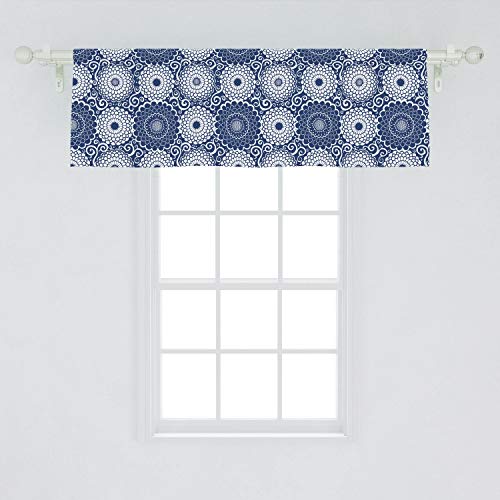 Ambesonne Blue Mandala Window Valance, Pattern With Large Flowers And Curls Contrasting Colors Baroque Design, Curtain Valance For Kitchen Bedroom Decor With Rod Pocket, 54" X 18", Navy Blue #TOP1
