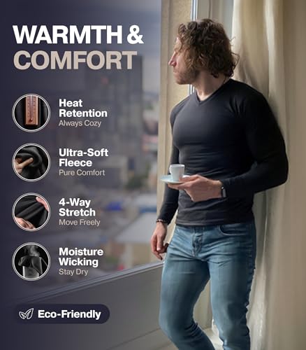 Thermajohn Thermal Shirts for Men V Neck Long Sleeve Thermal Compression Shirts for Men Base Layer Cold Weather (Navy, Large)