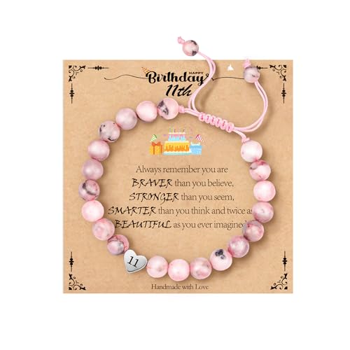 Image of WEDDINEN 5-14 Year Old Birthday Gifts for Girls, Adjustable Pink Nature Stone Heart Bracelet with Message Card for Daughter Granddaughter Niece Sister Friend