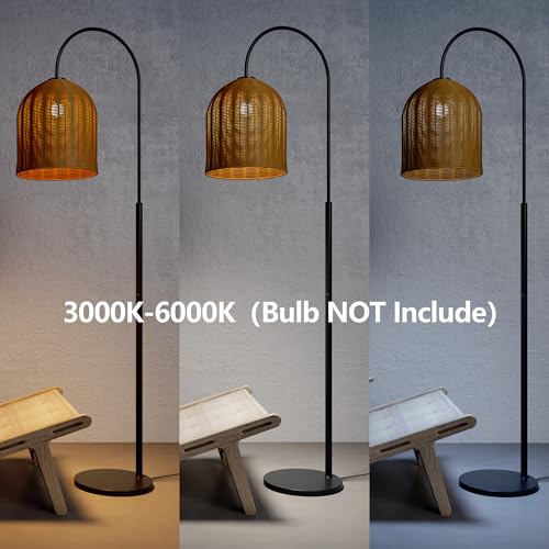 Image of Rattan Floor Lamp, 66in. Boho Floor Lamp with Natural Brown Rattan Shade, Rustic Arc Standing Lamp for Coastal, Beach or Bohemian Style Decor (Coastal-Black)