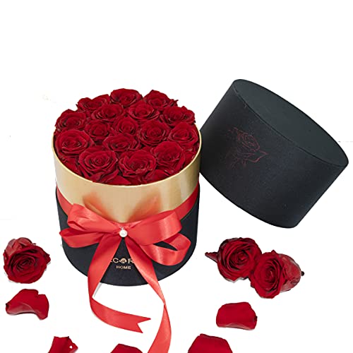 DEC RLA HOME Mothers Day Gifts Forever Roses Preserved Roses |Handmade Real Roses Flower|3-5 Years Long Lasting Roses |Infinity Roses in a Box for Valentine's Day, Birthday, Party, Anniversary(16,Round Black Box,red)