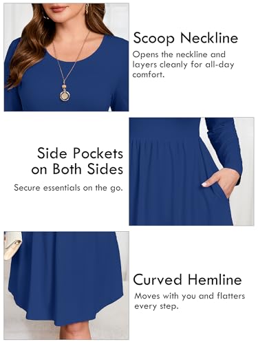 Image of AusLook Women's Plus Size Long Sleeve Midi Dress Casual Empire Waist Loose Flowy Dresses A-Line Boho Long Dress with Pockets