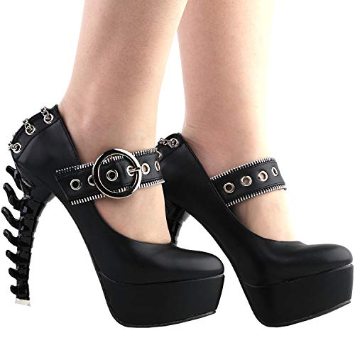 SHOW STORY Retro Black Buckle Metal Chain Zip Mary-Jane Gladiator Platform Bone Heels Pumps,LF807153
