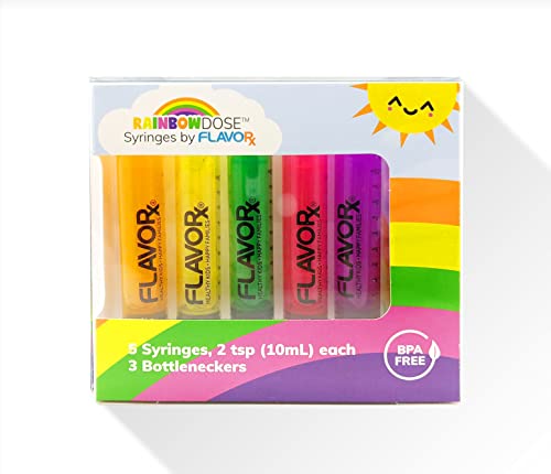 Flavorx Rainbow Dose Oral Dosing Syringes | No More Medicine-Time Meltdowns! | 5 Uniquely Colored Syringes | 10Ml (2Tsp) Each | 3 Bottleneckers Included | New & Improved! #TOP1