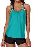 Aleumdr Women's Blouson Floral T-Back Push Up Tankini Top Halter Padded Slimming Swimsuit Sporty Swi