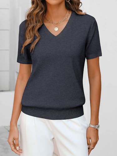 Image of ANRABESS Women Wool Blend Sweater Summer 2026 Short Sleeve V Neck Pullover Top Business Casual Outfit Beach Vacation Clothes