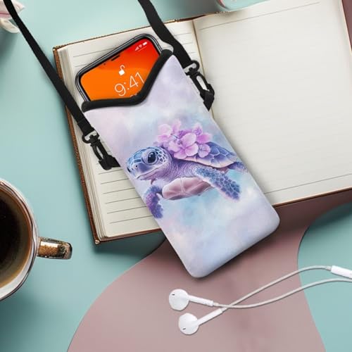 Image of Neoprene Crossbody Phone Case Lightweight Smartphone Wallet Shockproof & Waterproof for Cellphone, Keys & Power Bank - Sea Turtle Flower Violet