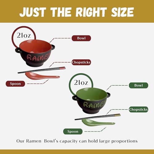 Red & Green Ceramic Ramen Bowl Set with Chopsticks and Spoon - Set of 2 Microwavable Kitchen Noodle Bowl for Instant Noodles, Pho, Udon Noodles, Miso Soup - Japanese Ramen Bowls Ceramic Gifts (21 oz)