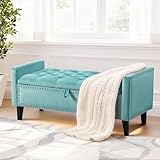 UMBFUN 47in Velvet Storage Ottoman Bench with Arms, Upholstered Storage Bench with Wooden Legs, Storage Bench for Bedroom, Living Room, Entryway, Teal