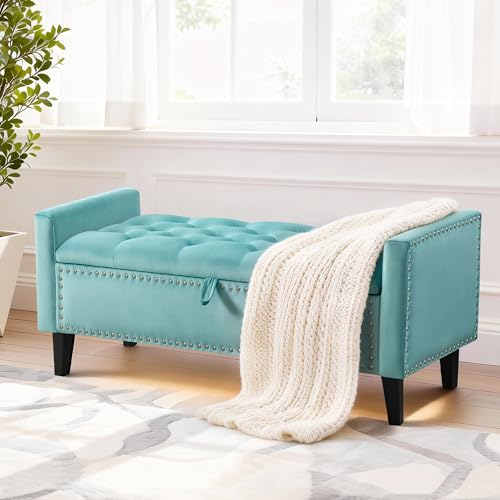 UMBFUN 47in Velvet Storage Ottoman Bench with Arms, Upholstered Storage Bench with Wooden Legs, Storage Bench for Bedroom, Living Room, Entryway, Teal
