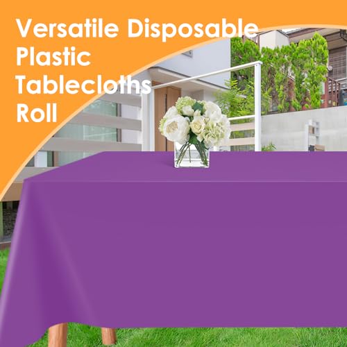 Image of tujol Purple Disposable Plastic Table Cloth Roll 54 inch X 100', Plastic Table Cover with Cutter Box, Cut to Size Disposable Tablecloth for Parties