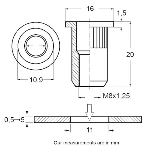 Crimpmutter aus Aluminium, rund, für Fahrzeuge aller Marken, M8-1,25, 0,5-3 mm dick, Blech, 15 Stück