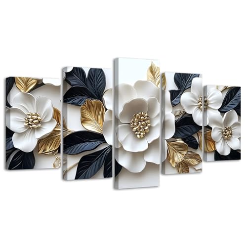 Image of LZIMU Large Canvas Wall Art for Living Room 5 Pieces White Floral Picture Abstract White Blue and Gold Paintings Botanical Floral Prints for Home Decor Framed (Gold, 8x14inx2 8x18inx2 8x22inx1)