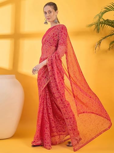 Image of SIRIL Women's Printed Chiffon Saree with Unstitched Blouse Piece