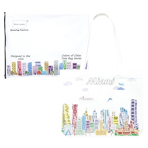 Beary Blu City Themed Artwork Tote Bag Series- Designed in the USA, 17"x14", Souvenir & Gift (Tote Bag, Miami)