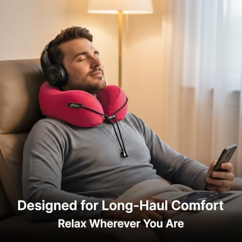 Image of pTron Ergova S4 Travel Neck Pillow, Hi-Per Memory Foam, Lightweight Neck Support Pillow, Ideal for Flight, Car & Travel Comfort, Carry Zip Pouch (Maroon)